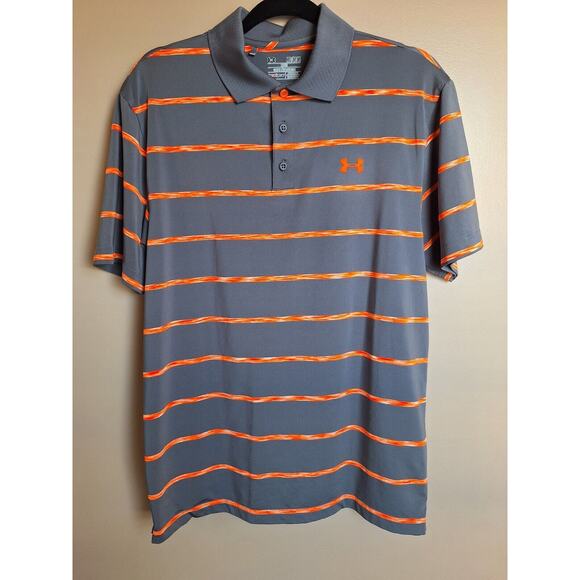 Under Armour Mens Sz Medium Gray/Orange Striped Loose Fit‎ Golf Polo Shirt - Picture 1 of 8